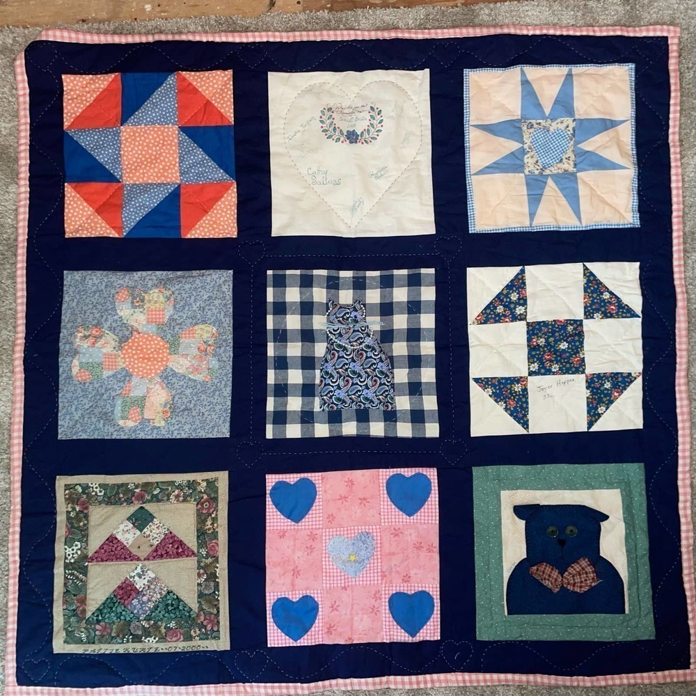 Handmade 3D Patchwork Vintage Hand Stiched Quilt crystal Plaid pearl Signed